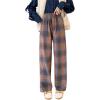 imagechouyatou Womens Fall Winter High Waist Wide Leg Plaid Office Work Wool Blend Palazzo Pants Trousers with PocketsBrown