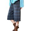 imagechouyatou Womens Fall Winter Wool Culottes Capri Cropped Pants Plaid High Waisted Loose Wide Leg PalazzoGrey