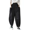 imagechouyatou Womens Harem Loose Corduroy Pants Elastic High Waisted Straight Wide Leg Trouser with PocketsBlack