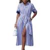 imagechouyatou Womens Long Sleeve Striped Shirt Dress Casual Button Down Midi Long Beach Dress with BeltBlue