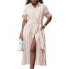 imagechouyatou Womens Long Sleeve Striped Shirt Dress Casual Button Down Midi Long Beach Dress with BeltKhaki
