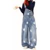 imagechouyatou Womens Loose Adjustable Strap Denim Bib Overall Distressed Star Pattern Barrel Leg Jeans JumpsuitBlue