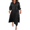 imagechouyatou Womens Loose Fit Puff Sleeve Maxi Tiered Babydoll Dress VNeck Cotton Long Button Down DressBlack