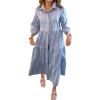 imagechouyatou Womens Loose Fit Puff Sleeve Maxi Tiered Babydoll Dress VNeck Cotton Long Button Down DressBlue