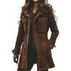 imagechouyatou Womens Retro Faux Suede Leather Jacket Zip Up Military Utility Safari Jacket Midi Long ShacketBrown