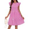 imagechouyatou Womens Retro Plaid Flounce Dress Flutter Sleeve Gingham Babydoll Tiered Short DressRose Red