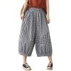imagechouyatou Womens Retro Plaid Wide Leg Cropped Pants Elastic Waist Capri Harem Pants with PocketsBlack
