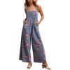 imagechouyatou Womens Summer Boho Floral Denim Bib Overalls Adjustable Strap Wide Leg Jumpsuits Jeans with PocketsDenim Blue