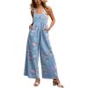 imagechouyatou Womens Summer Boho Floral Denim Bib Overalls Adjustable Strap Wide Leg Jumpsuits Jeans with PocketsLight Blue