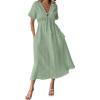 imagechouyatou Womens Summer Boho VNeck Cotton Tunic Dress Casual Loose Short Sleeve Midi Long Beach DressArmy Green
