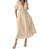 imagechouyatou Womens Summer Boho VNeck Cotton Tunic Dress Casual Loose Short Sleeve Midi Long Beach DressBeige