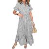 imagechouyatou Womens Summer Loose Stripe Maxi Shirt Dress Short Sleeve Drawstring Long Button Down Dress SundressBlack
