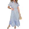 imagechouyatou Womens Summer Loose Stripe Maxi Shirt Dress Short Sleeve Drawstring Long Button Down Dress SundressBlue