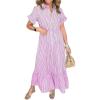 imagechouyatou Womens Summer Loose Stripe Maxi Shirt Dress Short Sleeve Drawstring Long Button Down Dress SundressPurple