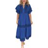 imagechouyatou Womens Summer Printed Floral Dress Casual Notch Neck Cotton Midi Long Mexican Tunic DressNavy Blue