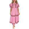 imagechouyatou Womens Summer Printed Floral Dress Casual Notch Neck Cotton Midi Long Mexican Tunic DressPink