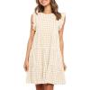 imagechouyatou Womens Summer Ruffle Puff Sleeve Babydoll Dress Cute Gingham Plaid Printed Tiered Midi DressKhaki