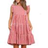 imagechouyatou Womens Summer Ruffle Puff Sleeve Babydoll Dress Cute Gingham Plaid Printed Tiered Midi DressRed