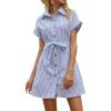 imagechouyatou Womens Summer Stripe Midi Long Shirt Dress Short Sleeve Button Down Tunic Dress with BeltBlue