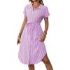 imagechouyatou Womens Summer Striped Button Down Shirt Dress Casual Loose Belted Midi Long Beach DressPurple