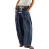 imagechouyatou Womens Wide Leg Drawstring Jeans Elastic Waist Baggy Jeans Boyfriend Loose Harem Denim Pants with PocketsDark Blue