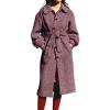 imagechouyatou Womens Winter Herringbone Single Breasted Wool Coat Long Lantern Sleeve Belted Midi Long Trench CoatPurple