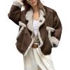 imagechouyatou Womens Winter Thicken Faux Suede Leather Jacket Coat Notch Lapel Sherpa Lined Fleece OuterwearCoffee