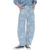 imagechouyatou Womens Y2k Baggy Wide Leg Denim Pants Boho Floral Printed Boyfriend Barrel Jeans with PocketsLight Blue