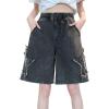 imagechouyatou Womens Y2k Star Patchwork Denim Shorts High Elastic Waist Wide Leg Bermuda Jean Shorts with PocketsBlack