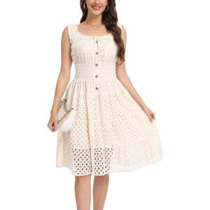 imageWomens 2025 Summer Short Dress Square Neck Hollow Out Lace Casual Beach DressesApricot