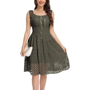 imageWomens 2025 Summer Short Dress Square Neck Hollow Out Lace Casual Beach DressesArmy Green