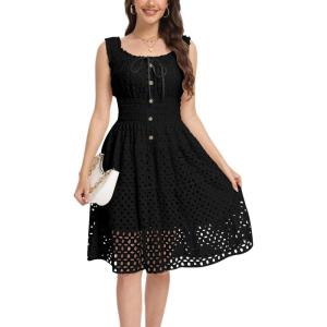 imageWomens 2025 Summer Short Dress Square Neck Hollow Out Lace Casual Beach DressesBlack
