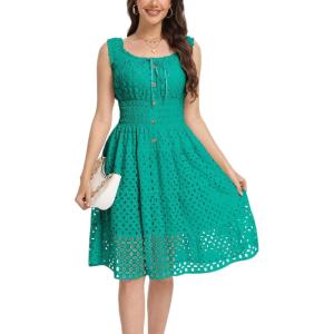 imageWomens 2025 Summer Short Dress Square Neck Hollow Out Lace Casual Beach DressesGreen