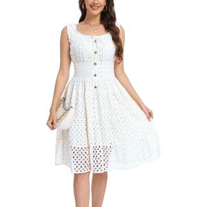 imageWomens 2025 Summer Short Dress Square Neck Hollow Out Lace Casual Beach DressesOffwhite