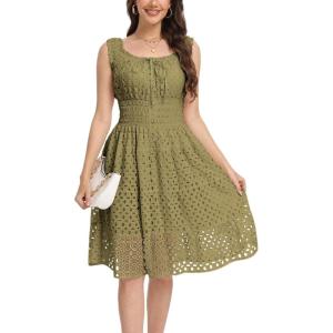 imageWomens 2025 Summer Short Dress Square Neck Hollow Out Lace Casual Beach DressesOlive Green