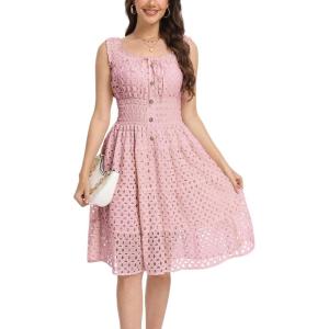 imageWomens 2025 Summer Short Dress Square Neck Hollow Out Lace Casual Beach DressesPink