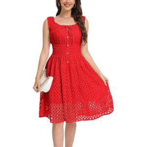 imageWomens 2025 Summer Short Dress Square Neck Hollow Out Lace Casual Beach DressesSolid Red
