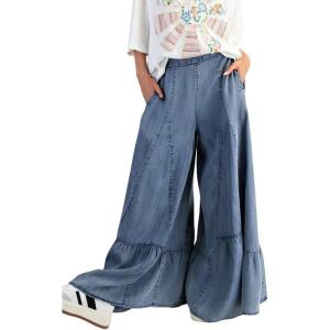 imagechouyatou Women 2025 Fashion Ruffle Wide Leg Jeans Baggy Elastic Waist Palazzo Jean Trousers Denim PantsBlue