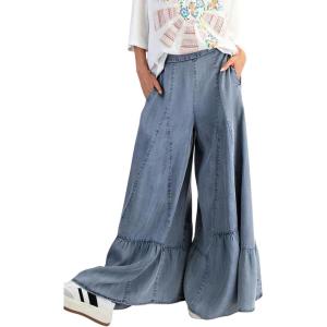 imagechouyatou Women 2025 Fashion Ruffle Wide Leg Jeans Baggy Elastic Waist Palazzo Jean Trousers Denim PantsLight Blue