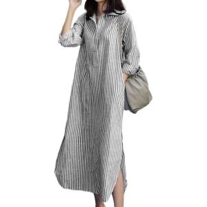imagechouyatou Women Casual Long Sleeve V Neck Striped Shift Dress Loose Long Maxi Cotton Shirt Dress with PocketBlack