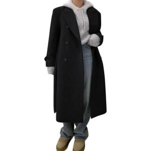 imagechouyatou Women Double Breasted Wool Coat Lapel Collar Long Peacoat Business Casual Trench Coat with BeltBlack