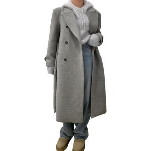 imagechouyatou Women Double Breasted Wool Coat Lapel Collar Long Peacoat Business Casual Trench Coat with BeltGrey