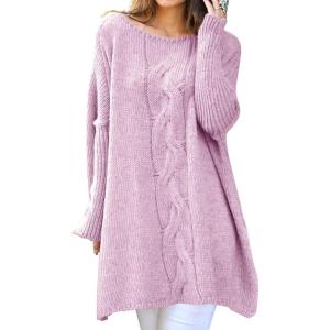 imagechouyatou Women Fall Cable Knit Pullover Sweater Tunic or Tops to Wear with Leggings Loose Chunky SweaterPink