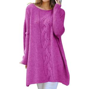 imagechouyatou Women Fall Cable Knit Pullover Sweater Tunic or Tops to Wear with Leggings Loose Chunky SweaterRose Red