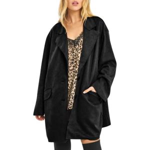 imagechouyatou Women Fall Notch Lapel Faux Suede Leather Trench Coat Overcoat Business Casual Midi Long Pea CoatBlack