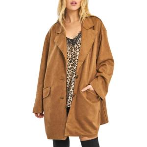 imagechouyatou Women Fall Notch Lapel Faux Suede Leather Trench Coat Overcoat Business Casual Midi Long Pea CoatBrown
