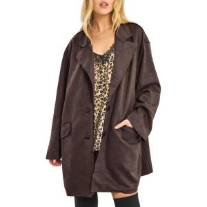 imagechouyatou Women Fall Notch Lapel Faux Suede Leather Trench Coat Overcoat Business Casual Midi Long Pea CoatCoffee