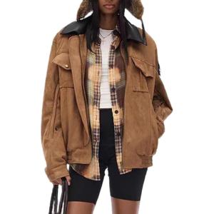 imagechouyatou Women Fall Western Faux Leather Suede Bomber Jacket Casual Motorcycle Jacket Zip Up Barn JacketBrown