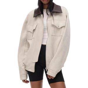 imagechouyatou Women Fall Western Faux Leather Suede Bomber Jacket Casual Motorcycle Jacket Zip Up Barn JacketOffwhite