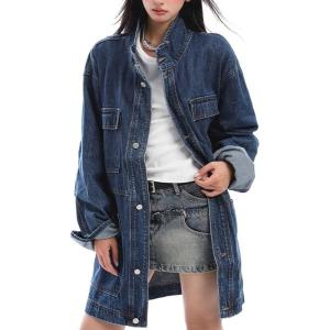 imagechouyatou Women Fall Western Utility Jean Jacket Oversized Distressed Y2K Long Denim Jacket Trench CoatDark Blue